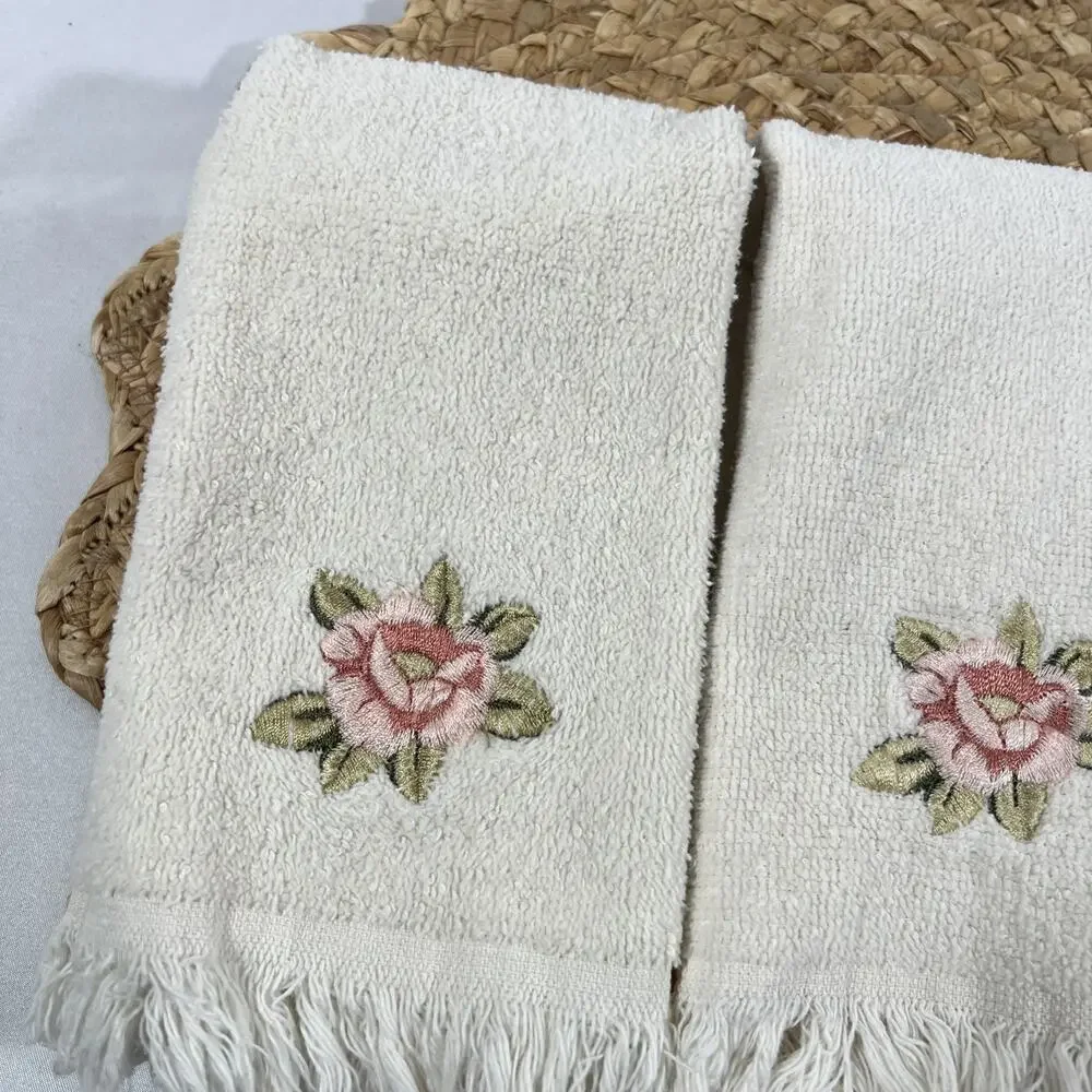 Vintage Set of 3 Avanti Ivory Pink Flower Rose Fingertip Hand Towels 100% Cotton
